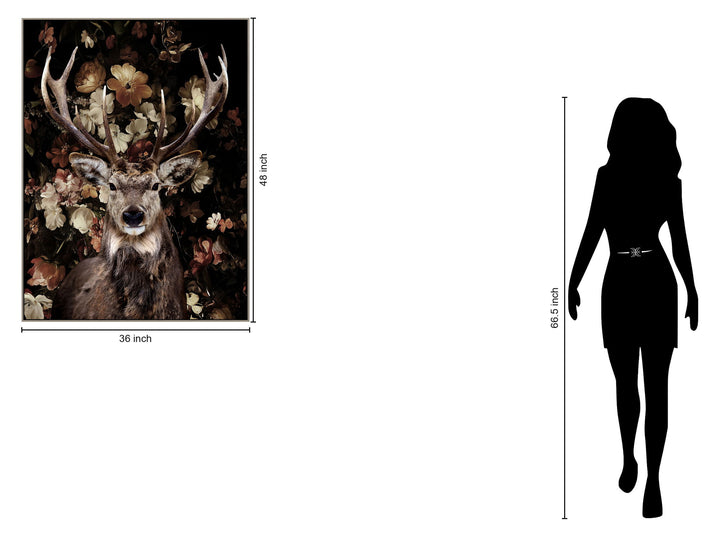 Majestic Stag Florals - 36" x 48" Framed Wall Art - Dark Brown