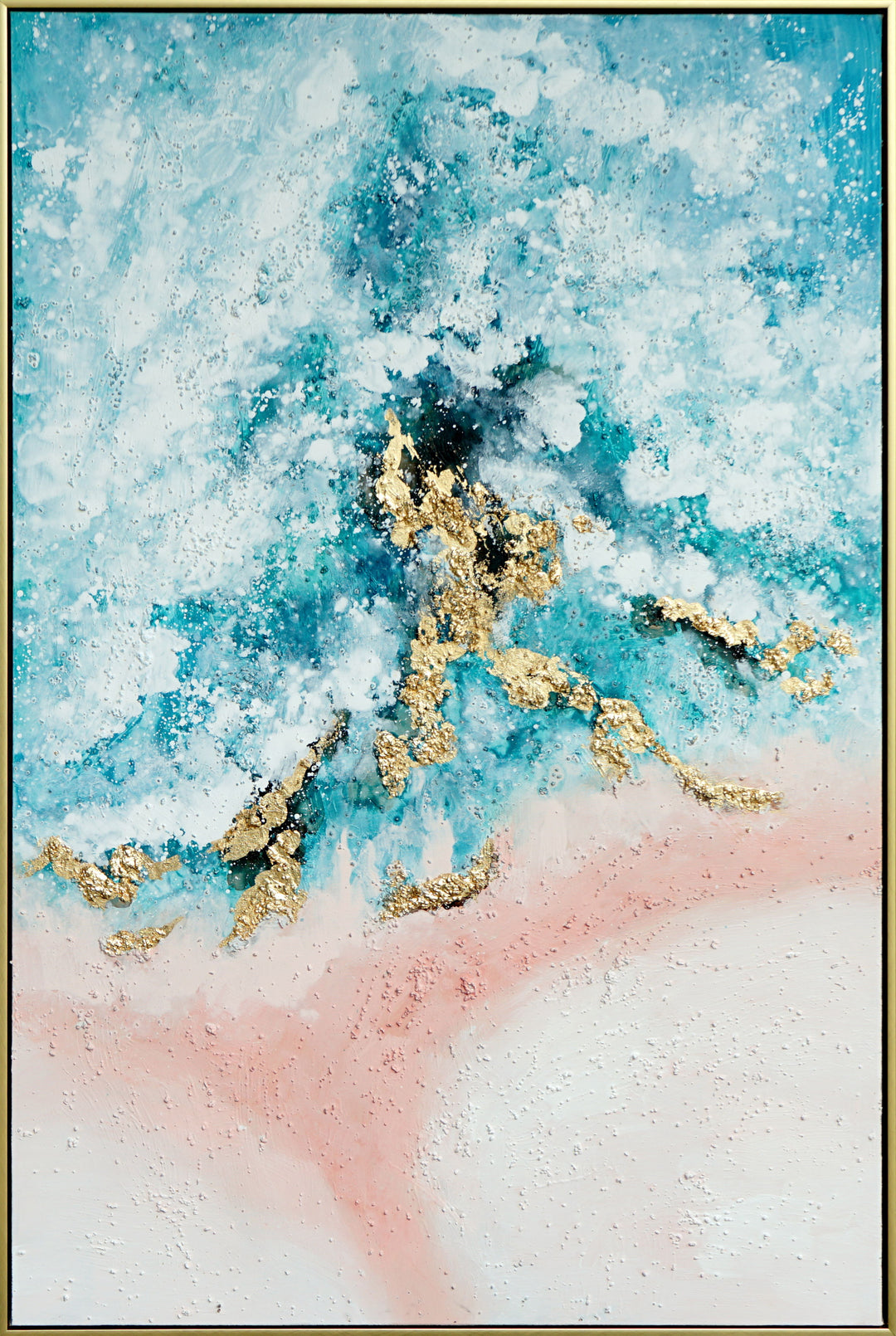 Hand Painted Textured Canvas With Foil In Frame Seashore In Gold - Blue