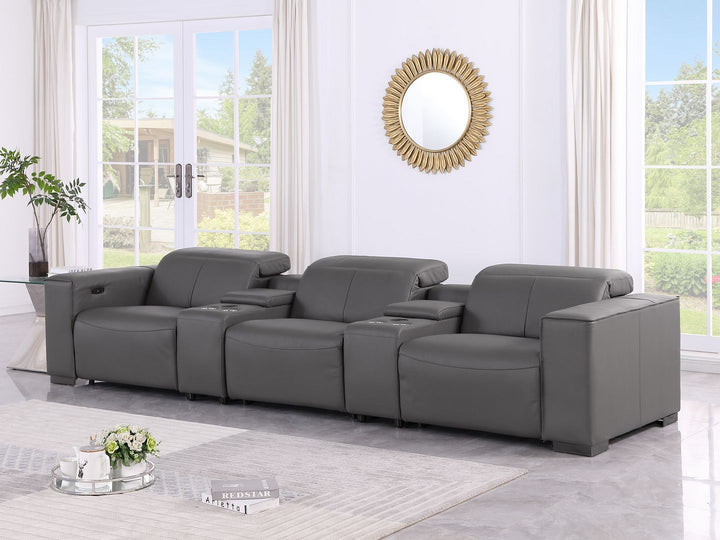 1208 - Leather Sofa With 3 Power Recliners And Two Storage Consoles