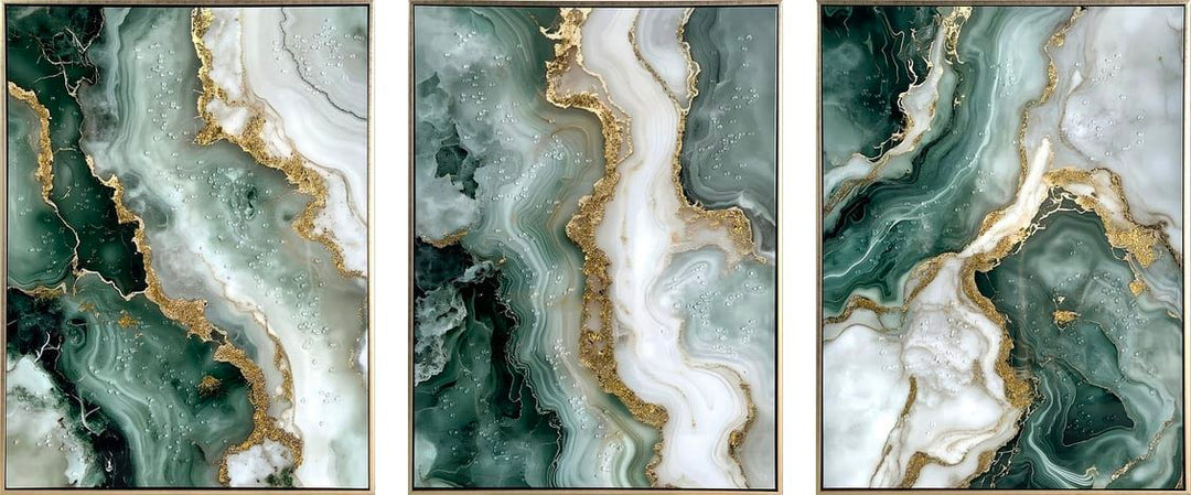 Jade Veining Hand-Embellished Canvas With Rocks &amp; Foil In Frame (Set of 3) - Emerald / Sage