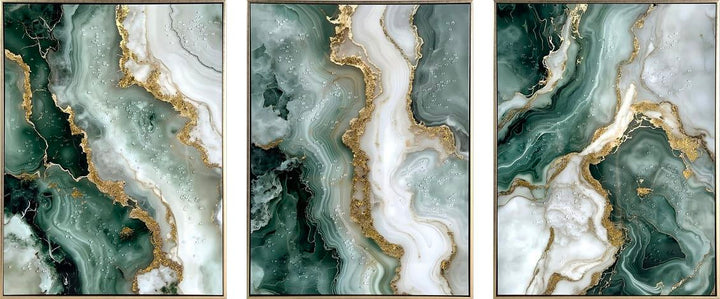 Jade Veining Hand-Embellished Canvas With Rocks &amp; Foil In Frame (Set of 3) - Emerald / Sage