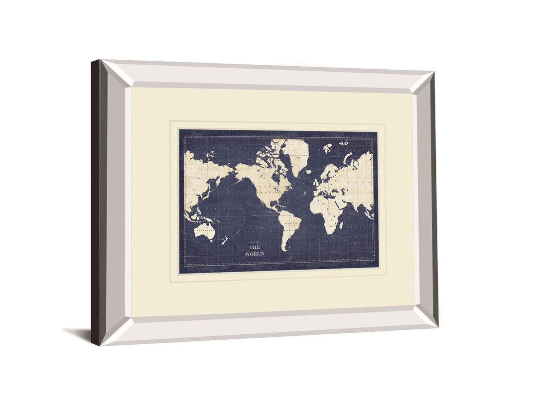 Blueprint World Map V2 By Sue Schlabach Mirrored Frame - Blue