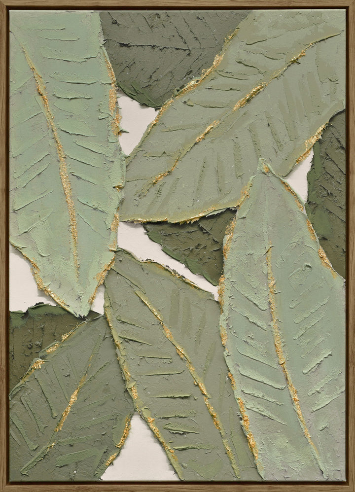 "Verdant Essence I" Hand-Embellished Canvas In Frame - Green / Gold / Wood