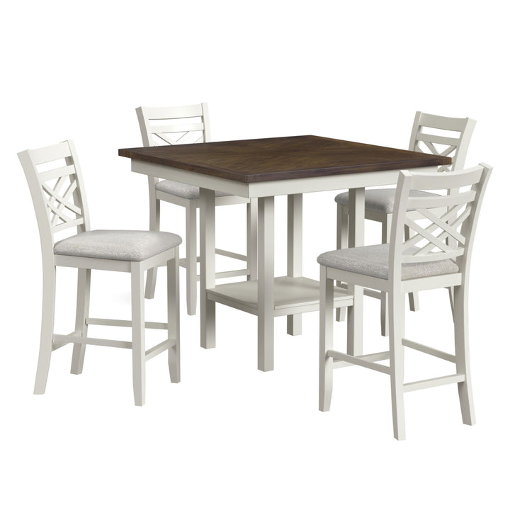 Brooks - 5 Piece Counter Set With Table And 4 Upholstery Seat &amp; Wood Back Chairs - Medium Brown &amp; White