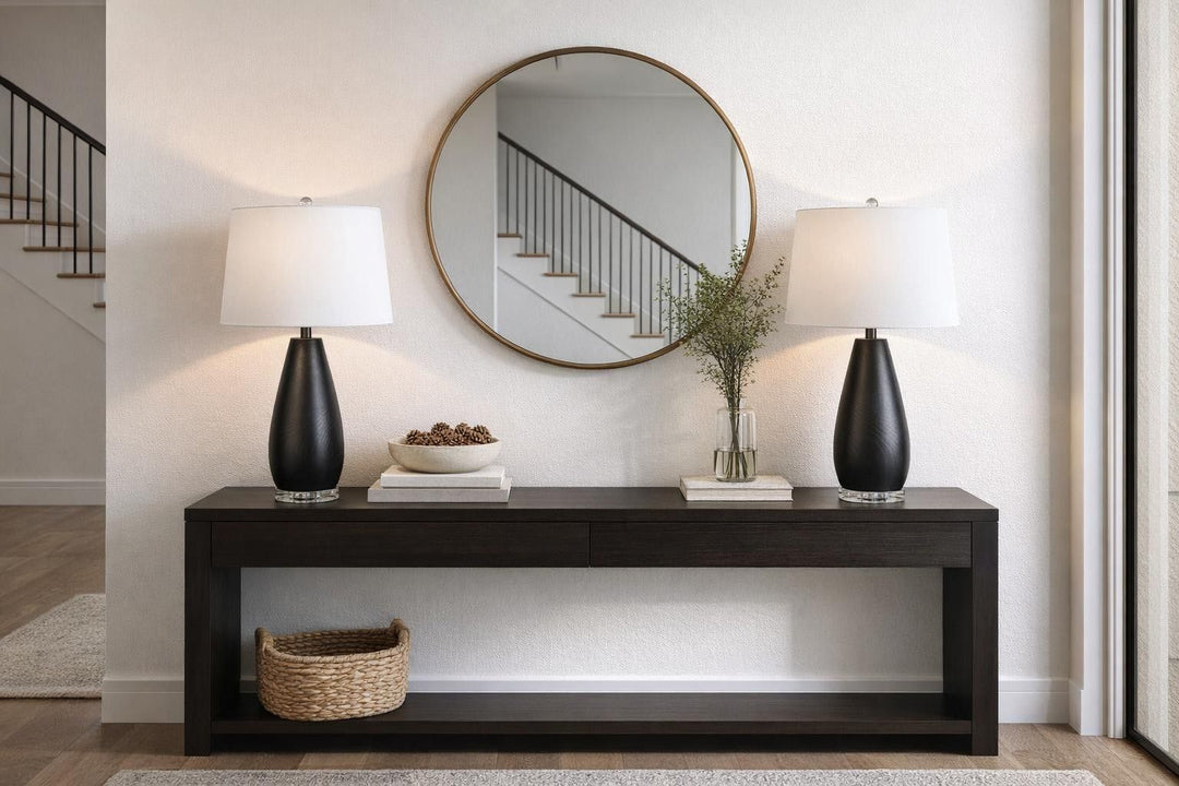 Obsidian Drift Concrete &amp; Crystal Table Lamp (Set of 2) - Black Grain Concrete / Clear Crystal
