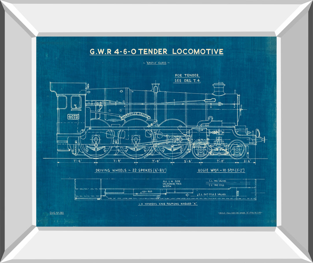 Locomotive Blueprint I By Wild Apple Portfolio - Mirror Framed Print Wall Art - Blue