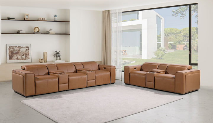 1224 - Coganc 8-Piece Modular Power Reclining Sofa &amp; Loveseat Set In With 5 Power Recliners &amp; Power Headrests - Cognac