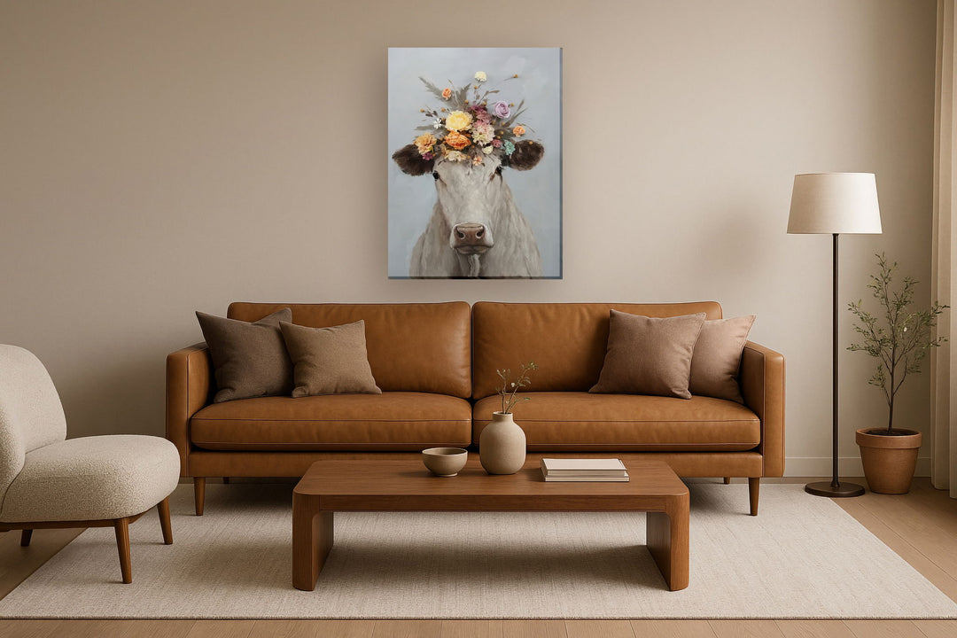 Blossom Crowned Bovine - 30" x 40" Framed Wall Art