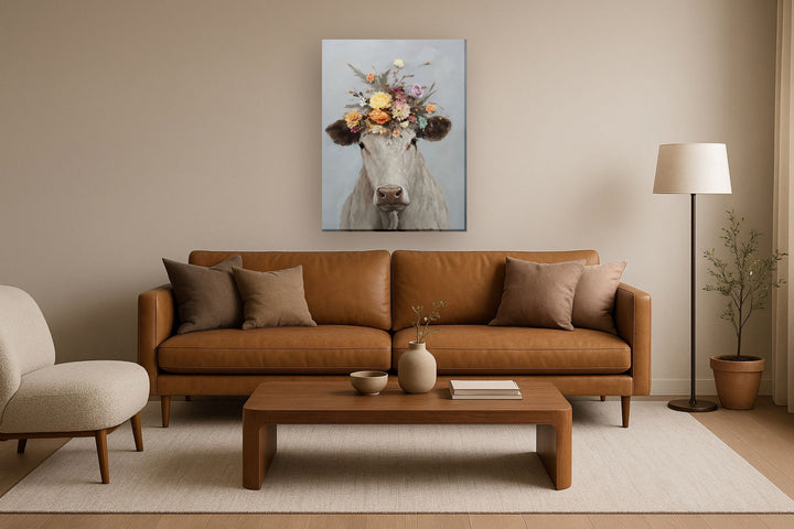 Blossom Crowned Bovine - 30" x 40" Framed Wall Art