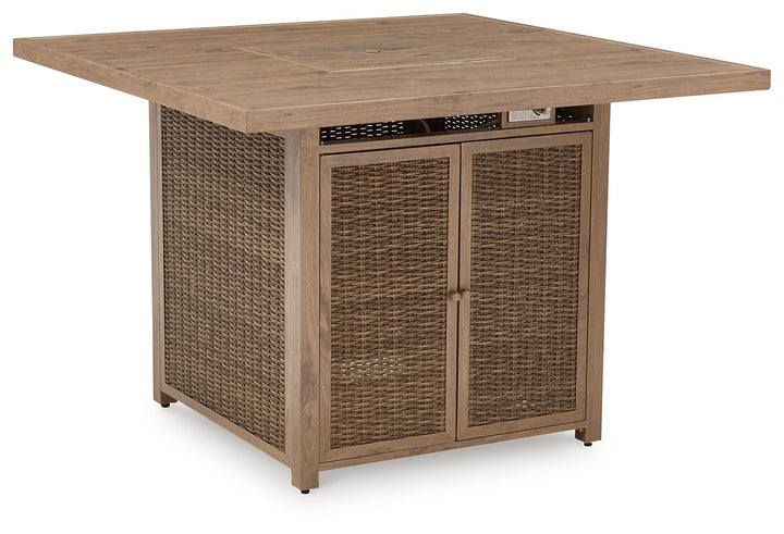 Walton Bridge - 5 Pc. - Square Bar Table W/Fire Pit, 4 Barstools - Driftwood