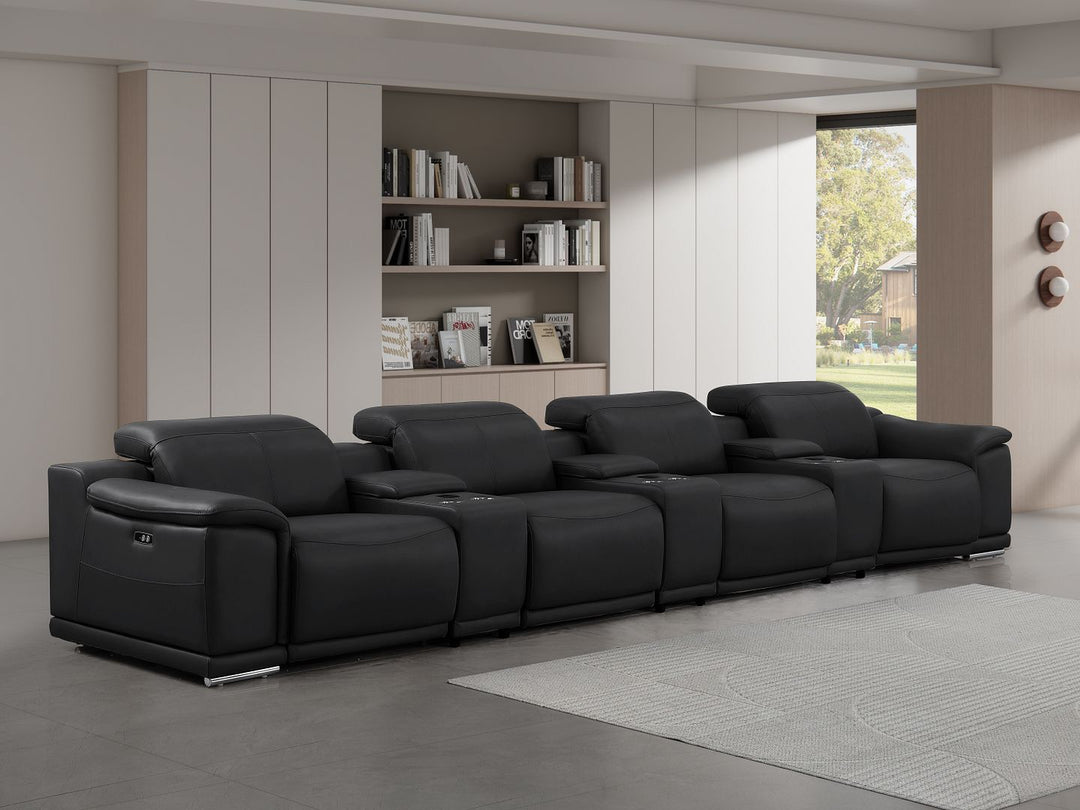 2679 - Genuine Leather Sofa With 4 Power Recliners, Power Headrests & 3 Storage Consoles