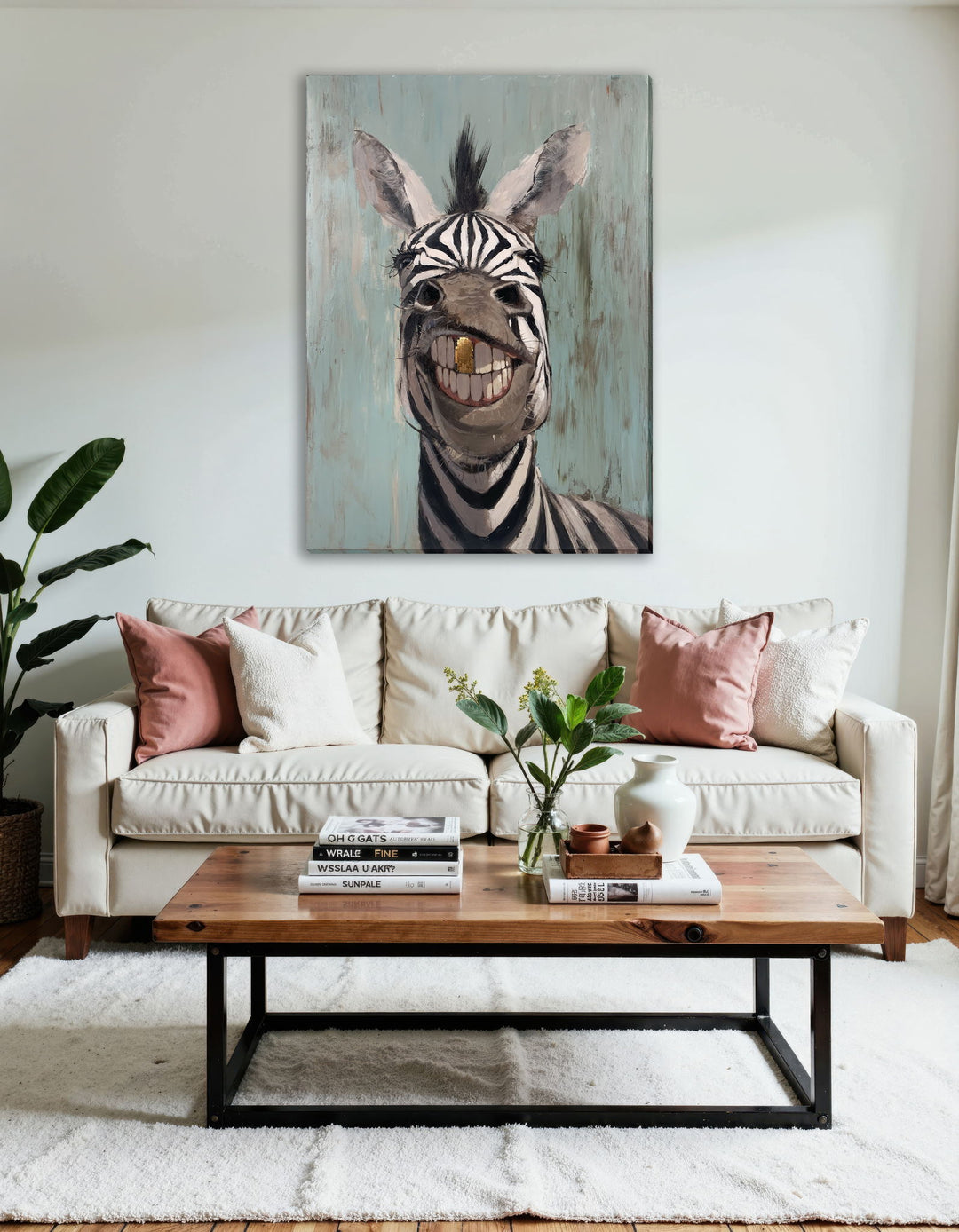 "Cheerful Stripes" Hand-Embellished Wrapped Canvas - Brown / White / Blue