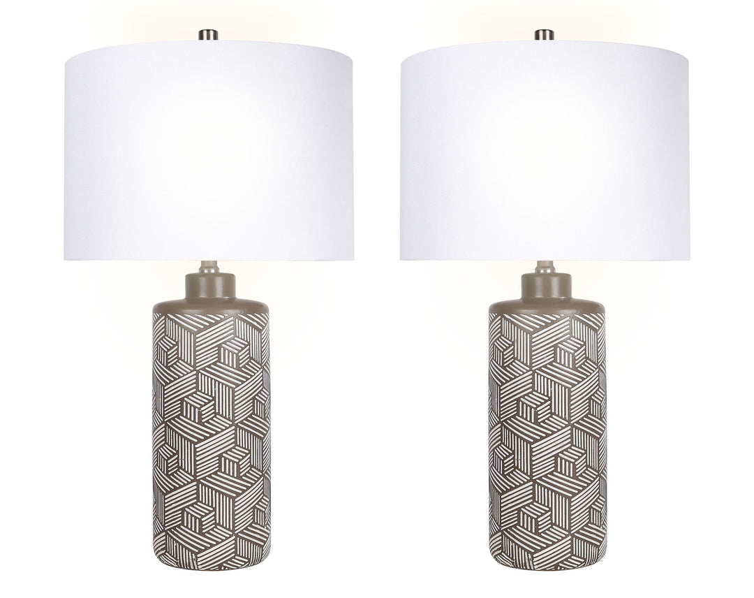 "Geometric Harmony" Ceramic Table Lamp (Set of 2) - Brown / White