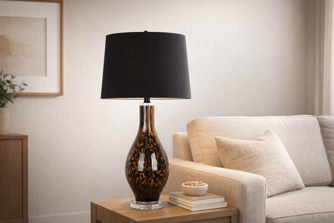 Speckled Glow Art Glass &amp; Crystal Table Lamp (Set of 2) - Black Speckled Amber Art Glass / Clear Crystal