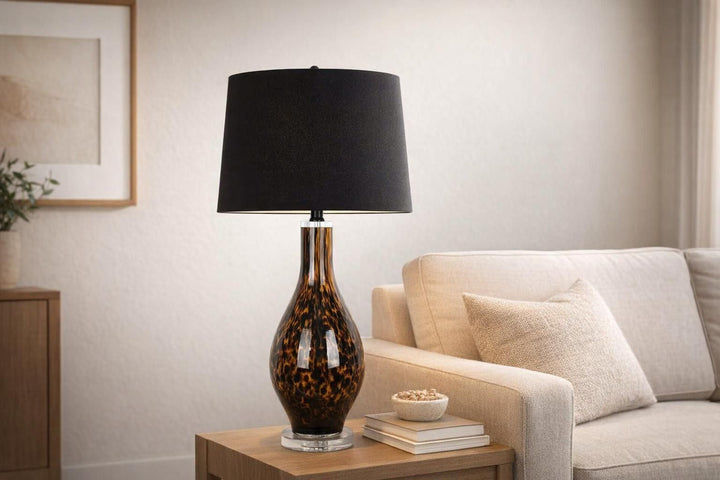 Speckled Glow Art Glass &amp; Crystal Table Lamp (Set of 2) - Black Speckled Amber Art Glass / Clear Crystal