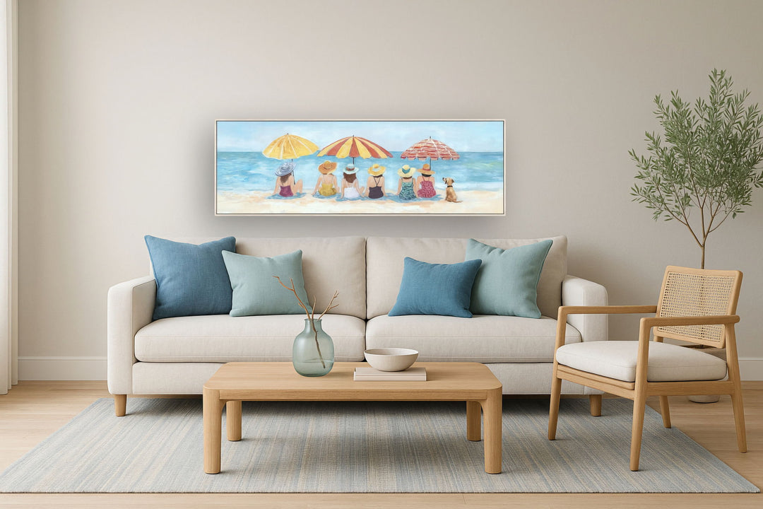 Seaside Sunhats Gathering - 20" x 60" Framed Wall Art - Blue