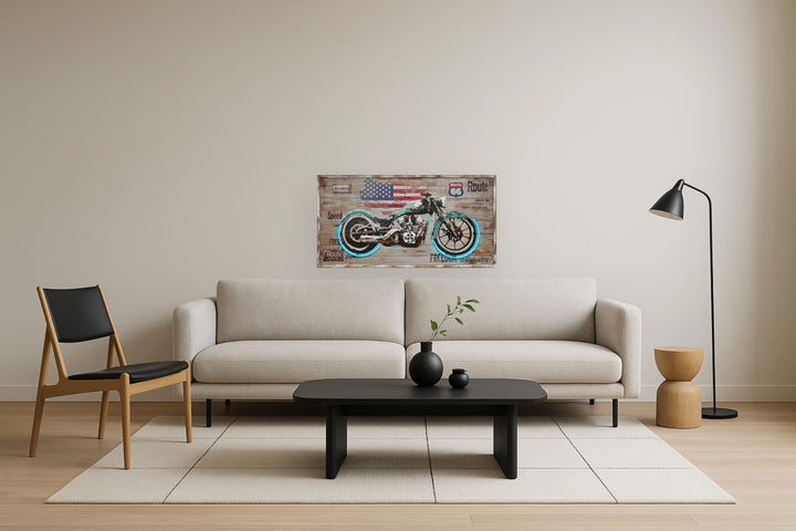 "Route Freedom" Hand-Embellished LED In Frame - Rustic / Neon