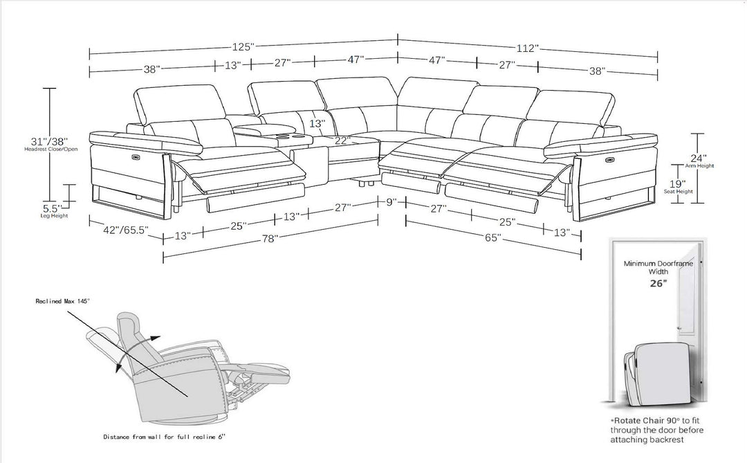 1246 - 6-Piece L-Shaped Modular Power Reclining Sectional With 3 Power Recliners And Power Headrests