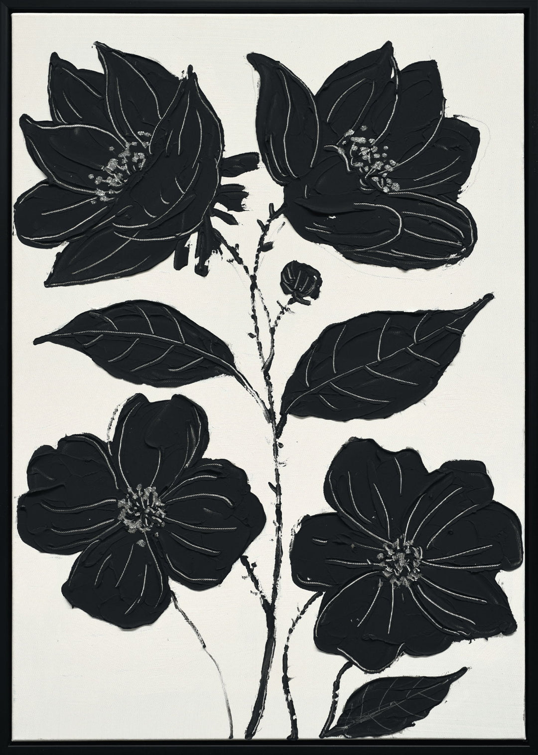 "Nocturnal Blooms I" Hand-Painted Canvas In Frame - Black