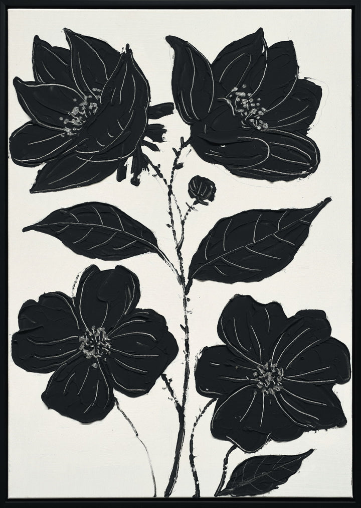 "Nocturnal Blooms I" Hand-Painted Canvas In Frame - Black