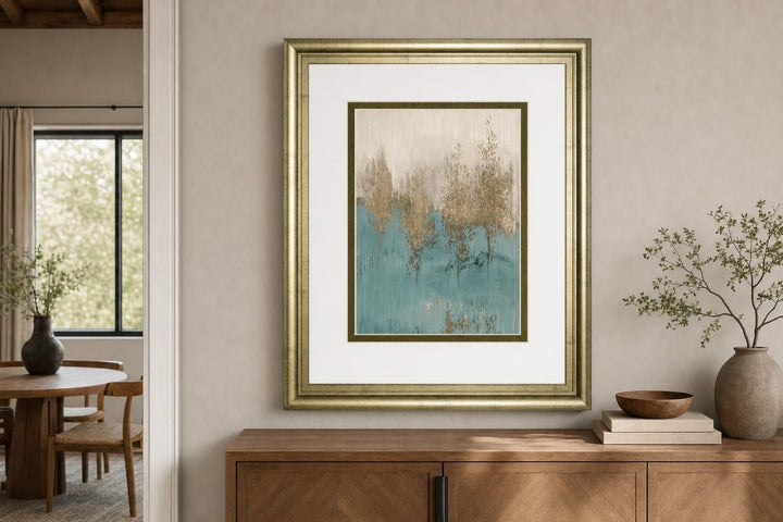 34x40 Through the Gold Trees Abstract II By LanieLoreth - Light Blue