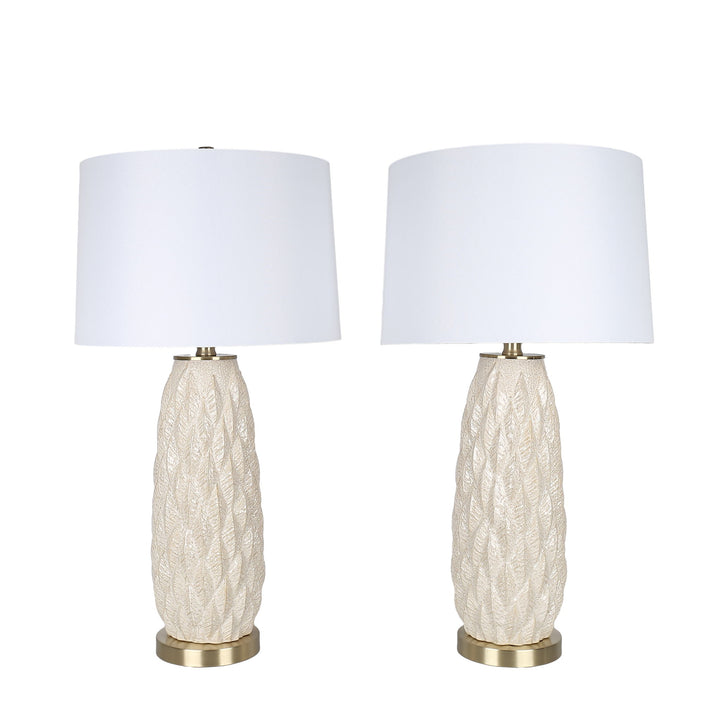 Textured Leaves Carved Ceramic &amp; Metal Table Lamp (Set of 2) - Beige / Soft Gold