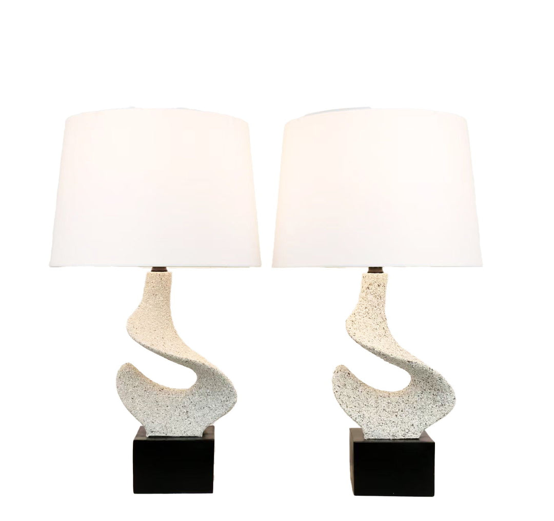 Sculpted Waves Resin &amp; Metal Table Lamp (Set of 2) - White Stone / Matte Black
