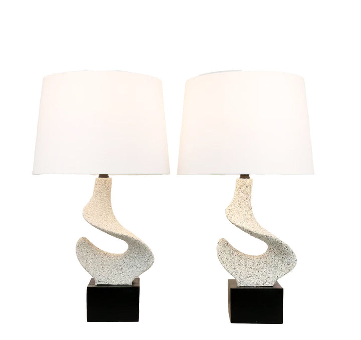 Sculpted Waves Resin &amp; Metal Table Lamp (Set of 2) - White Stone / Matte Black