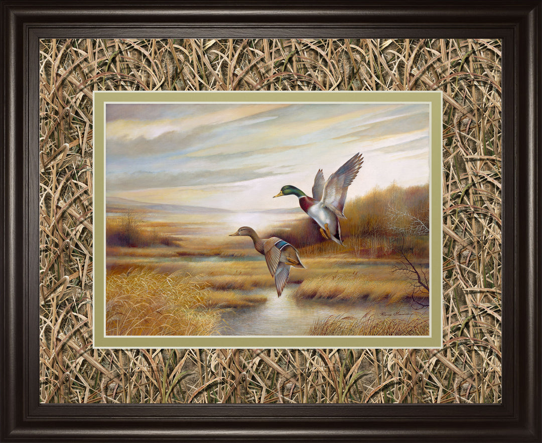 34x40 Mallards By Ruanne Manning And Mossy Oak Native Living - Framed Print Wall Art - Dark Brown