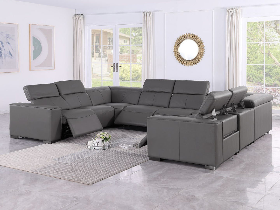 1208 - 8 Piece U Shaped Leather Sectional With 4 Power Recliners &amp; Power Headrest