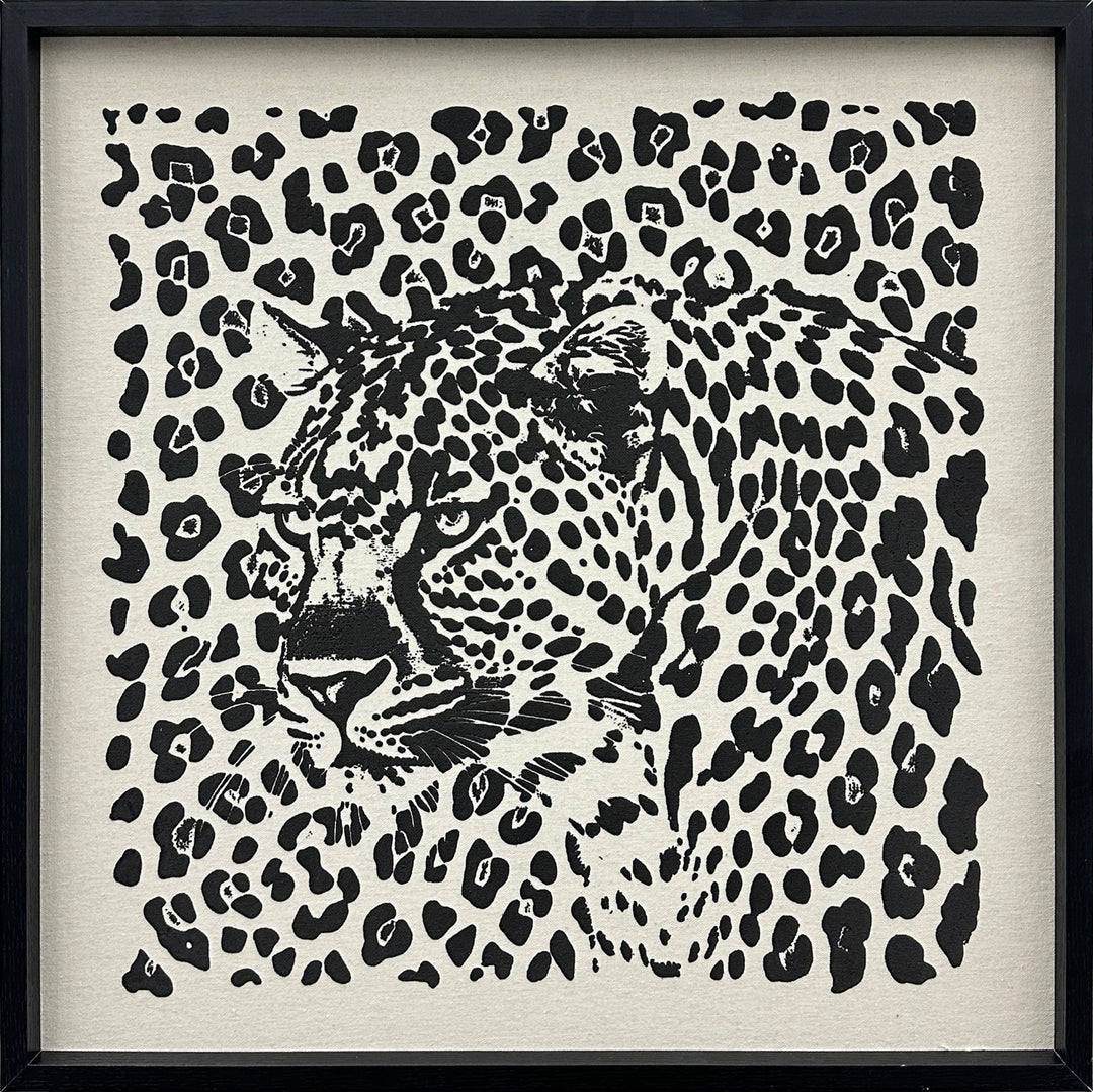Shadow Leopard Puff Printed Canvas In Frame - Black / Ivory
