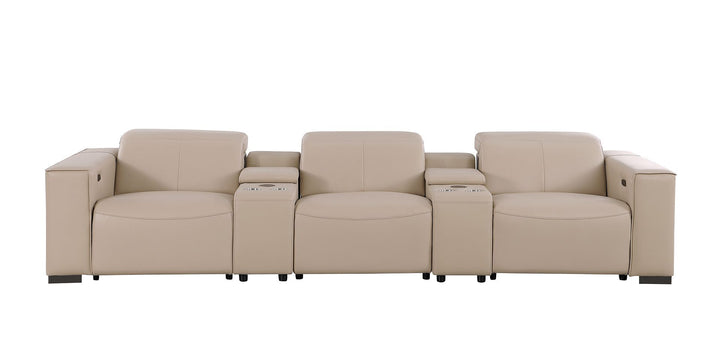 1208 - Leather Sofa With 3 Power Recliners And Two Storage Consoles