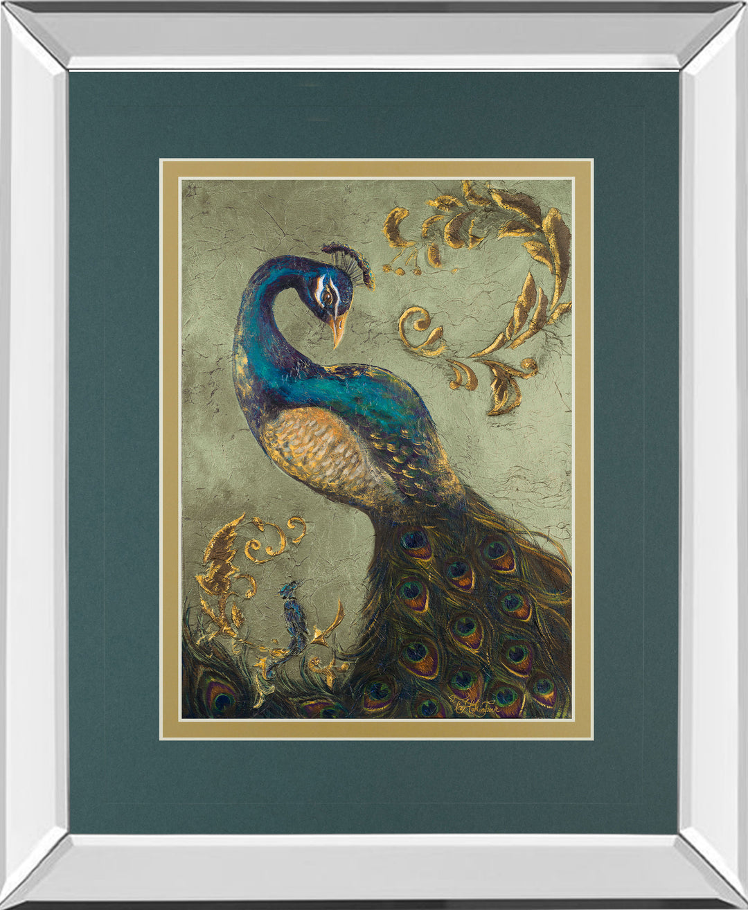 34x40 Peacock On Sage Il By Tiffany Hakimipour - Mirror Framed Print Wall Art - Blue