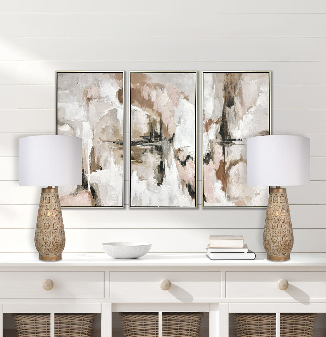 "Celestial Carve" Laser Cut Metal Table Lamp With Night Light (Set of 2) - Distressed White / Distressed Tan