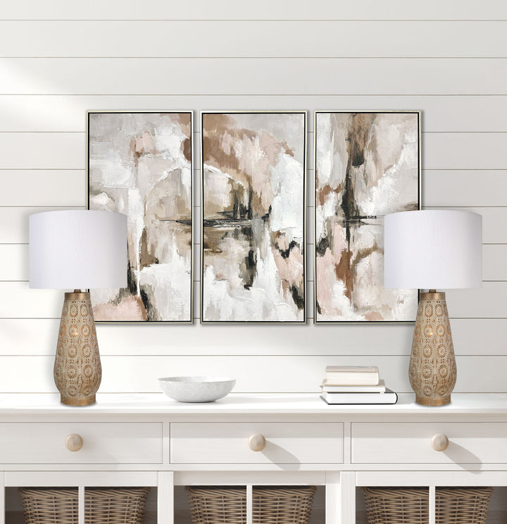 "Celestial Carve" Laser Cut Metal Table Lamp With Night Light (Set of 2) - Distressed White / Distressed Tan