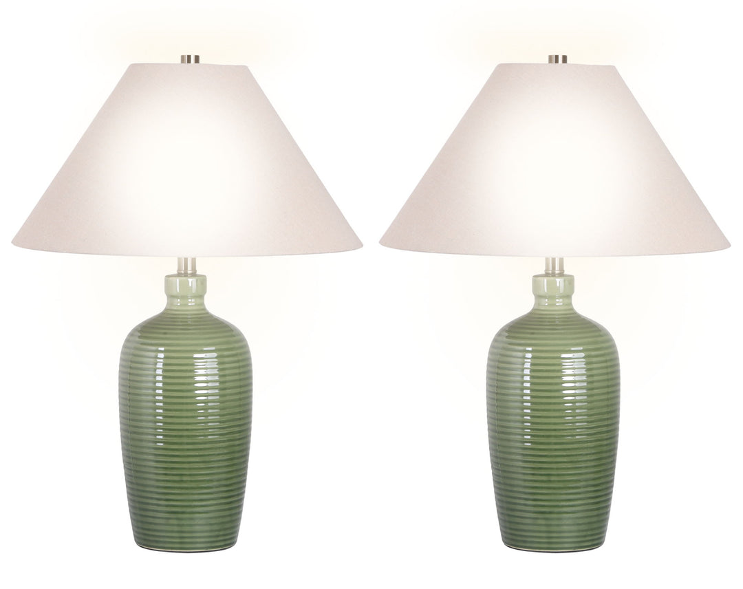 "Verdant Elegance" Ceramic Table Lamp (Set of 2) - Sage Green / Asb