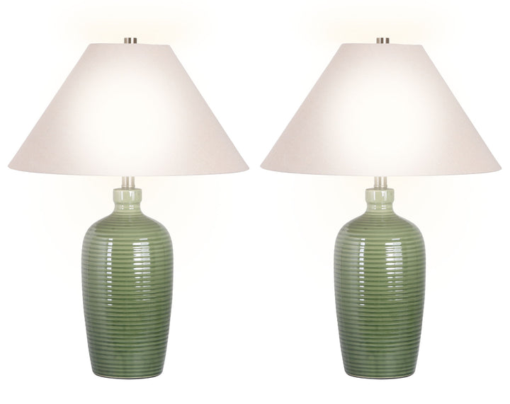 "Verdant Elegance" Ceramic Table Lamp (Set of 2) - Sage Green / Asb
