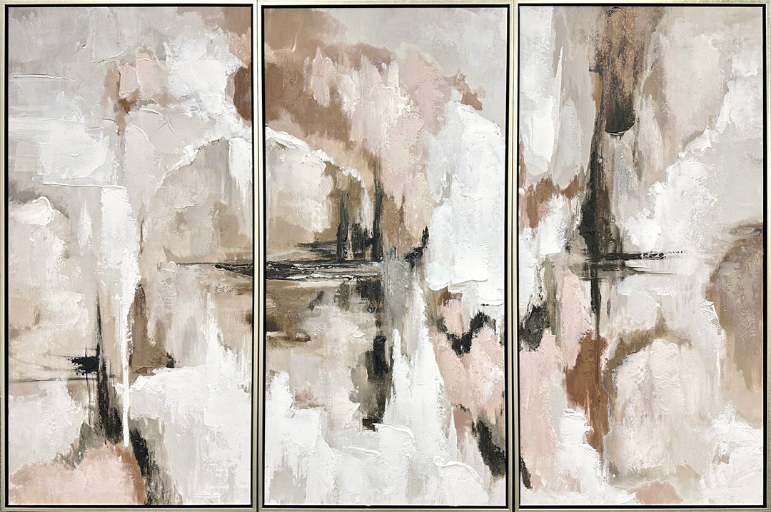 "Ethereal Reflections" Hand-Embellished Canvas Triptych In Frame - Neutral