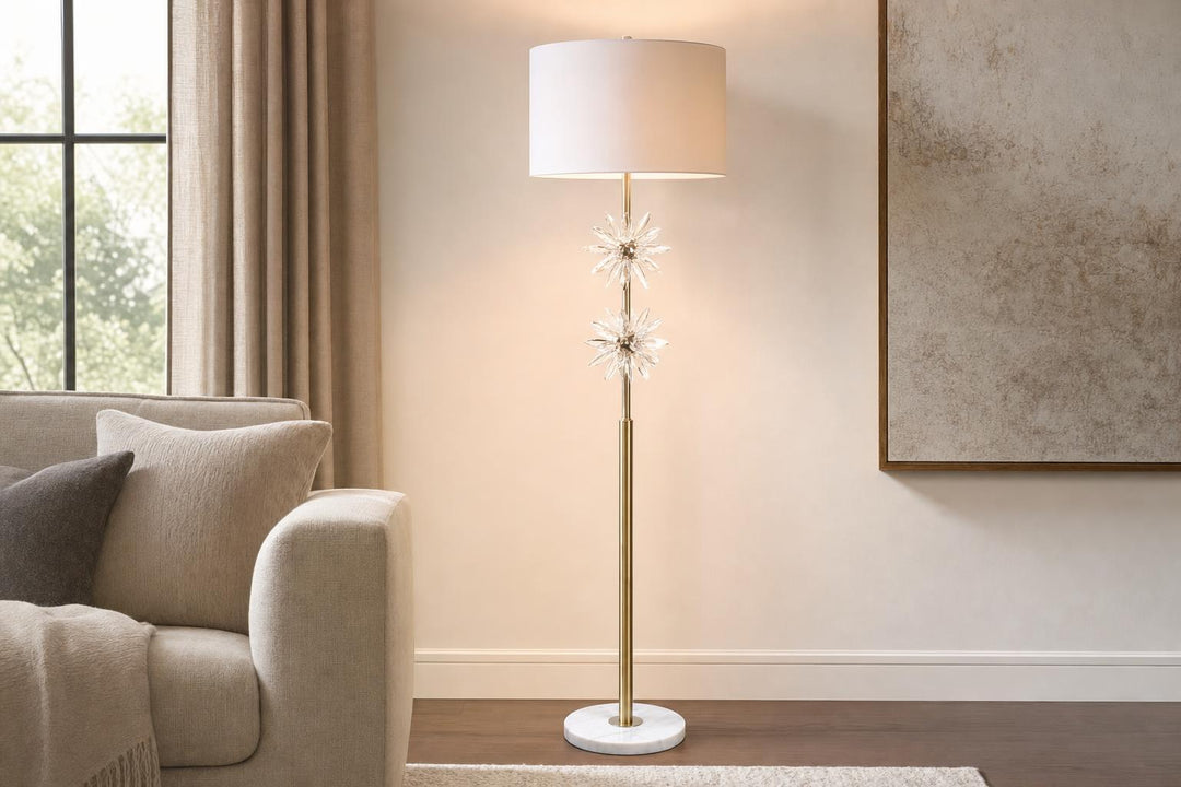 "Crystal Bloom I" Metal And Crystal Floor Lamp - Soft Gold / Clear Crystal / White Marble