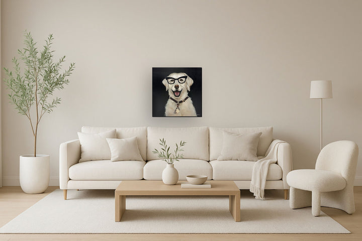 Cheerful Scholar Pup - 25" x 25" Framed Wall Art