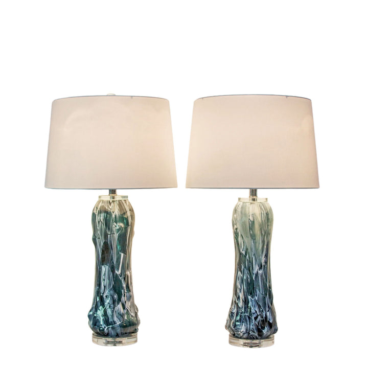 Tidal Elegance Art Glass &amp; Crystal Table Lamp (Set of 2) - Deep Sea Swirl / Clear Crystal