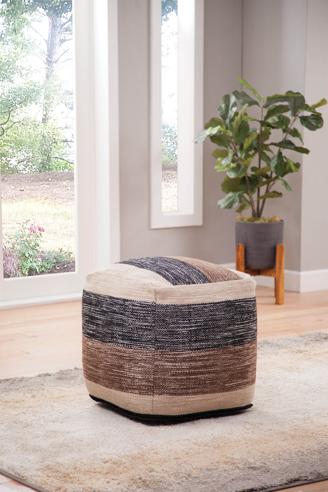 Jamal - Square Handwoven Woolen Pouf - Beige