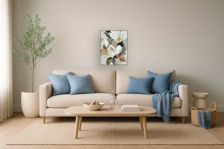 "Magnolia Serenity I" Hand-Embellished Canvas In Frame - Green / Orange / White