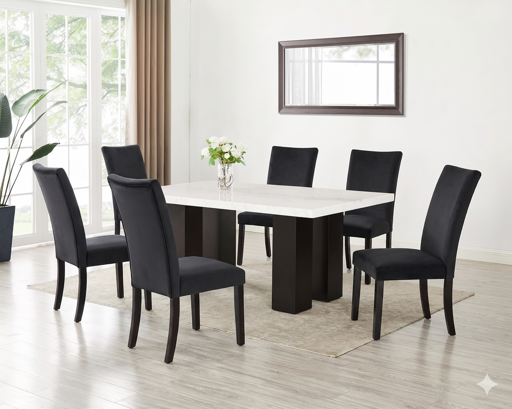Finland Black - (GENUINE MARBLE) Table &amp; 6-Chairs
