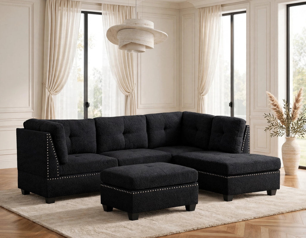 Sienna Boucle Black Sectional + Ottoman Set FLASH SALE