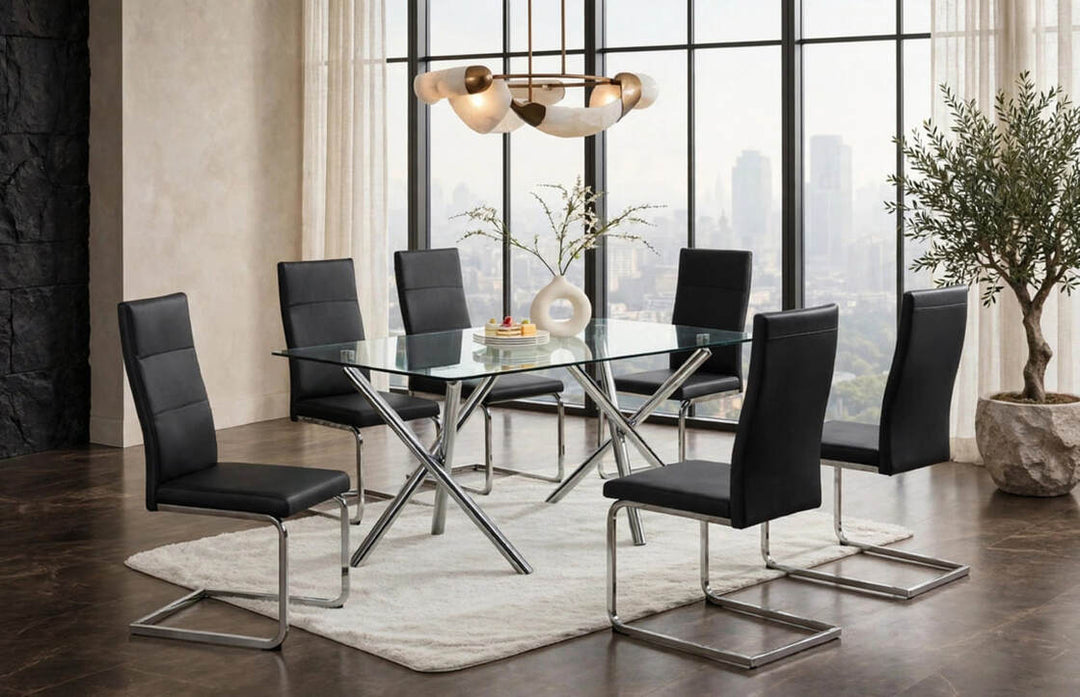D201 Black - Glass Table + 6 Chairs