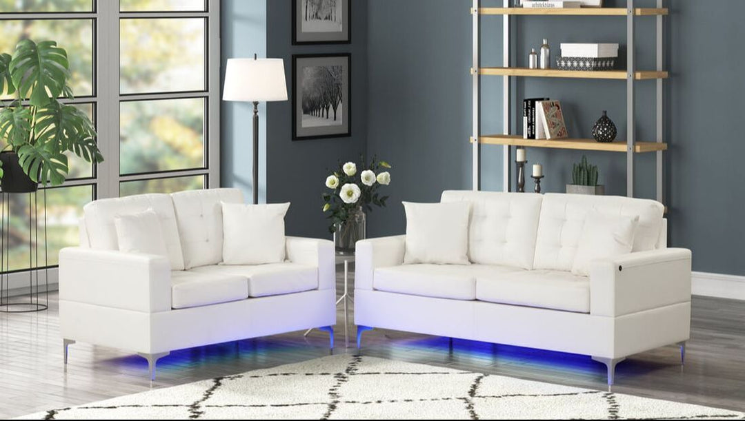 Miami White - Sofa &amp; Loveseat Set (LED LIGHTS)