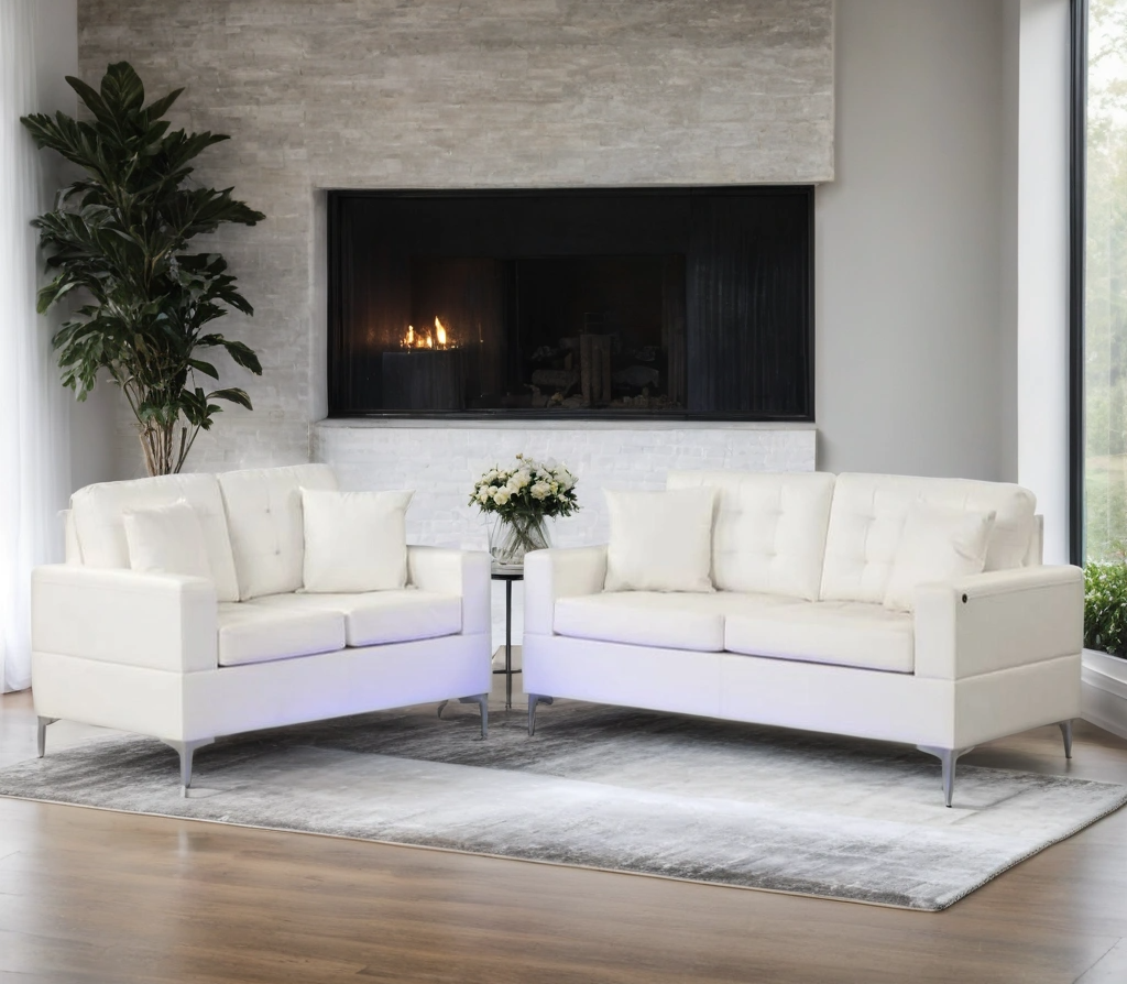 Miami White - Sofa &amp; Loveseat Set (LED LIGHTS)
