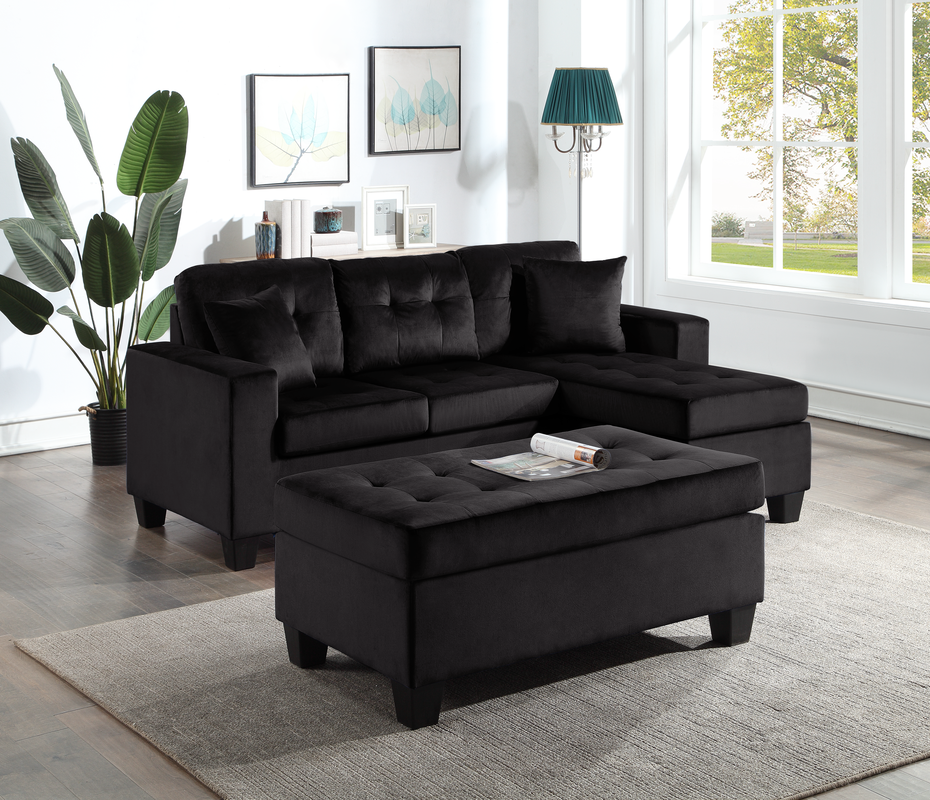 Naomi Black Velvet  - Reversible Sectional &amp; Ottoman Set