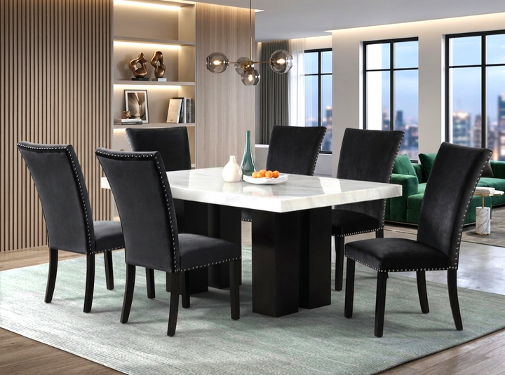 1220 Black - (FAUX MARBLE) Dining Table + 6 Chair Set